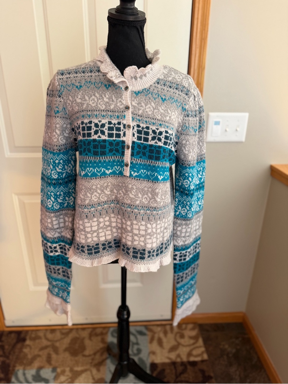 Free People wool blend pull over Henley long bell sleeve fair isle sweater.Large